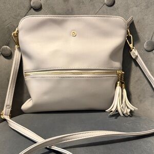 Gray Crossbody Bag with Tassel and Front Zip Pocket